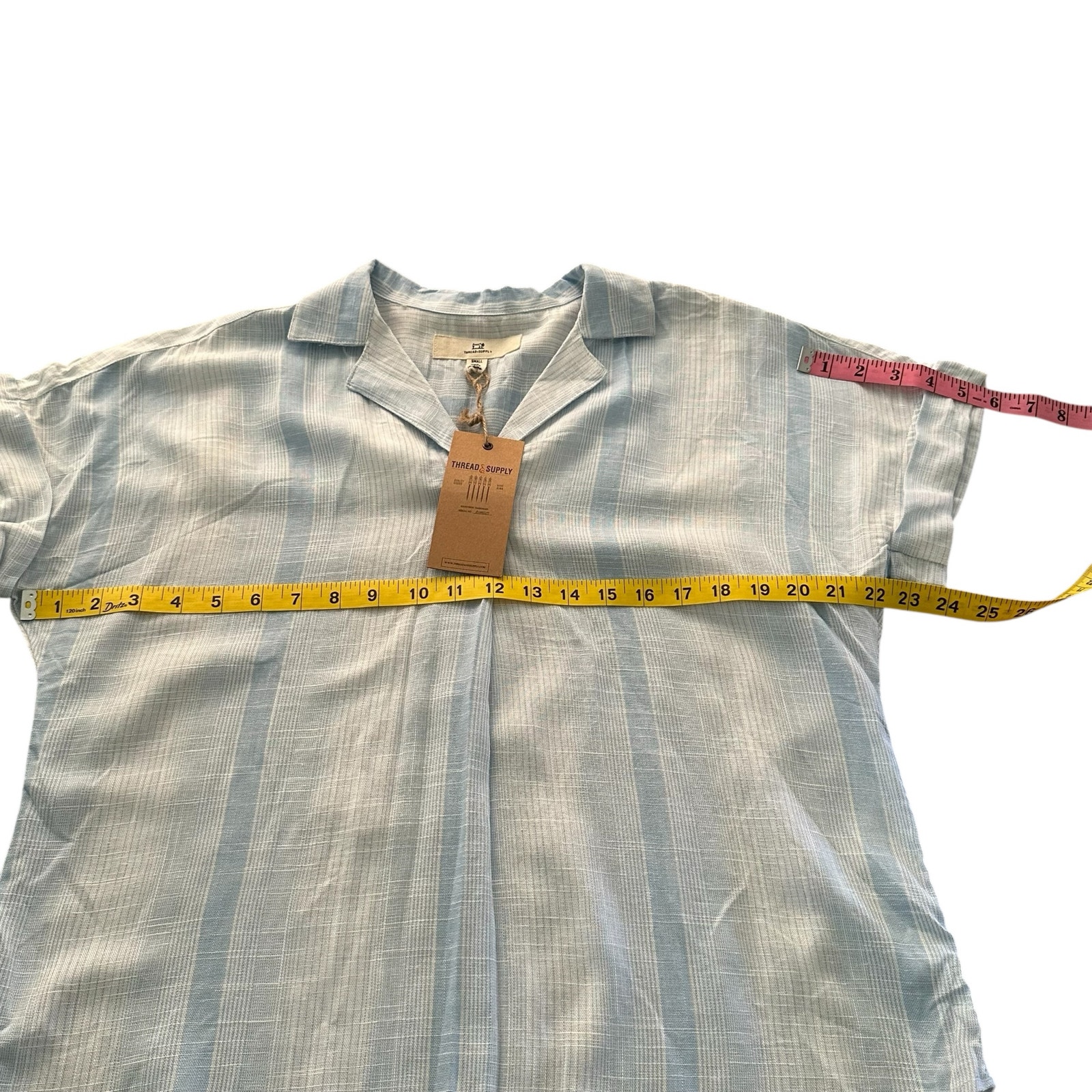 Thread & Supply Women Linen Blend Blue & White Short Sleeve Blouse Size S - Nwt — image 7 of 8